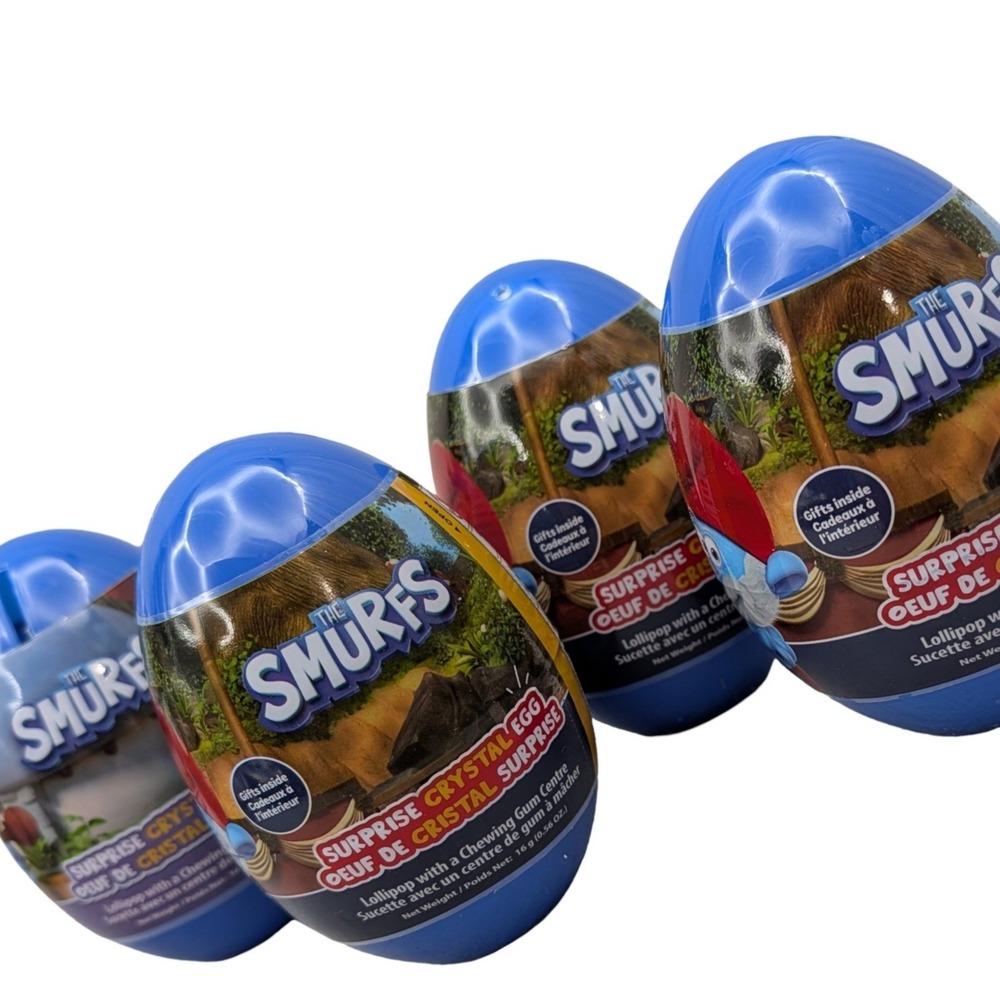 NEW Smurfs Surprise Crystal Egg Lollipop Gum Center Blue Lot of 4 Eggs Toy
